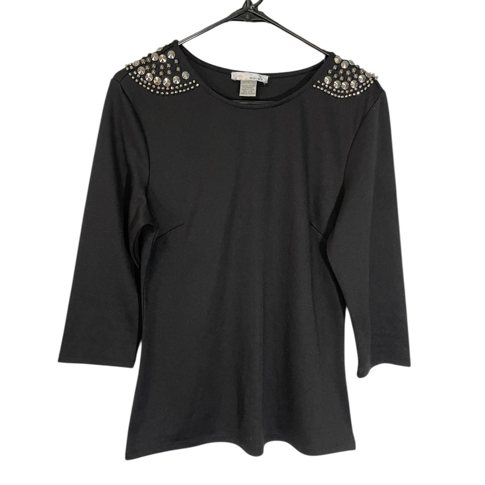 WD-NY Large Black Blouse Studded Shoulder 3/4‎ Sleeve Edgy Rocker Glam